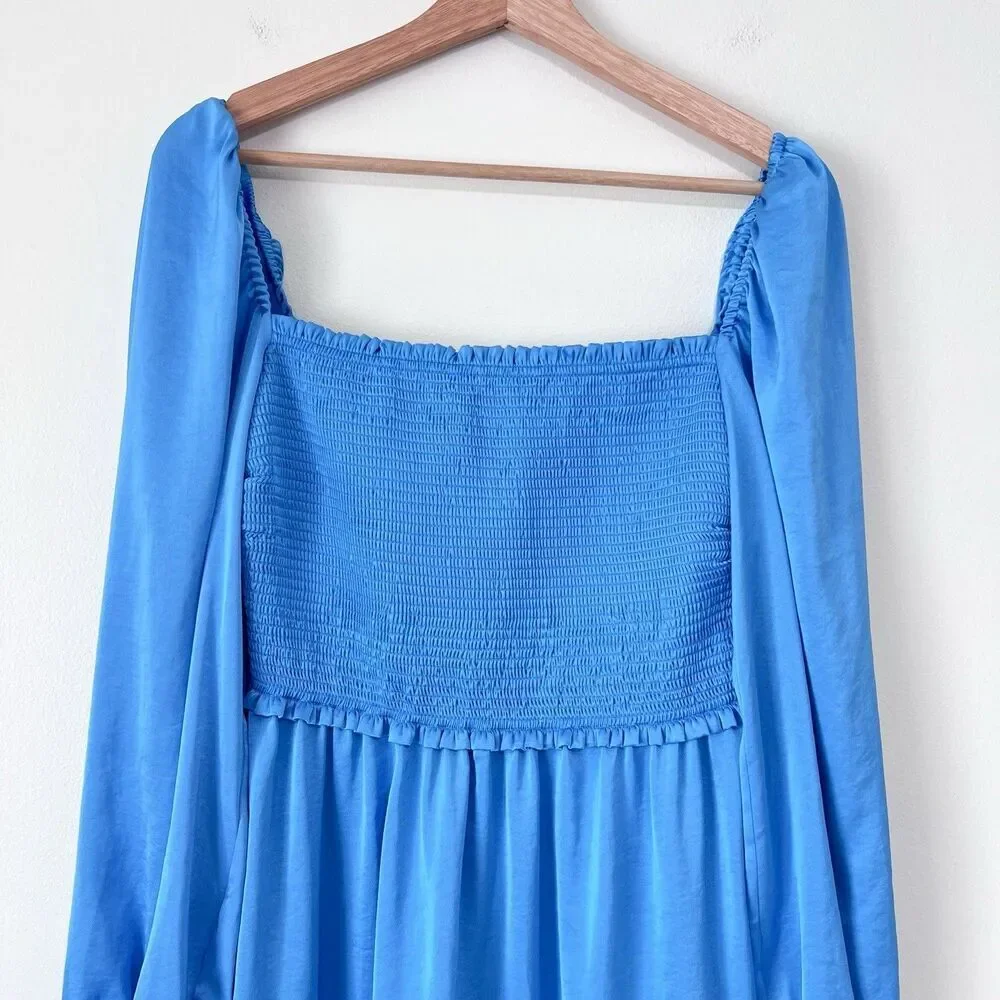 Aritzia Wilfred Tempest Satin Smocked Mini Dress Blue M Long Sleeve Babydoll